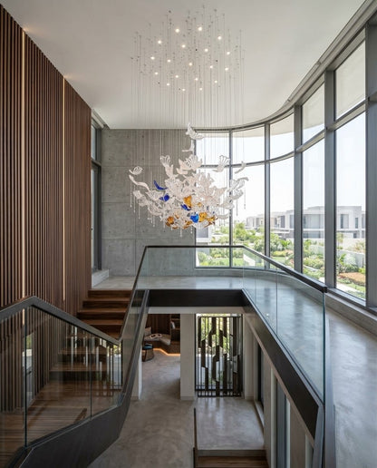 Custom Falling Leaf Glass Chandelier | Blue, Amber & Clear Drooping Leaves (120cm)