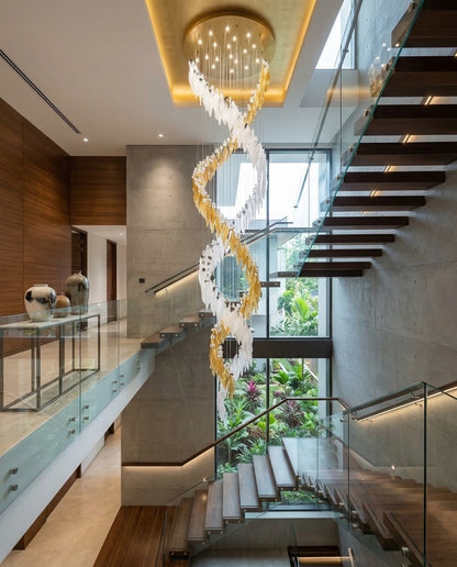 Celestial Foliage Cascade: Custom 3M Amber & Frosted Leaf Glass Spiral Chandelier