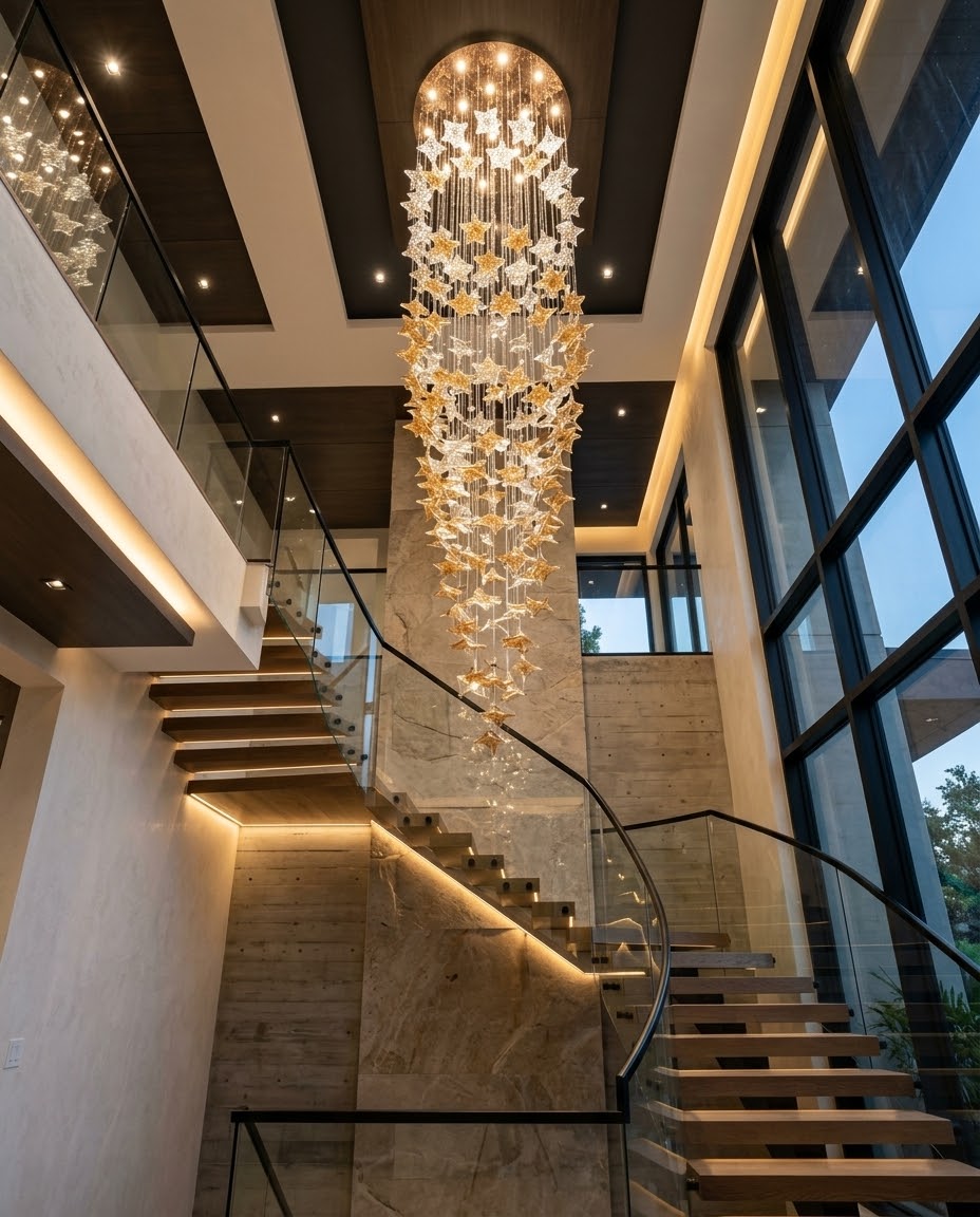5M Custom Maple Leaf Staircase Chandelier - Amber & Clear Glass