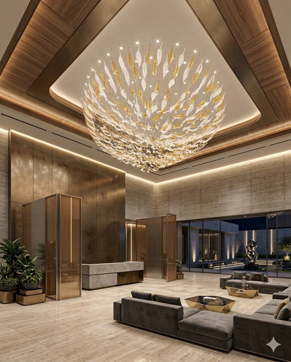 White & Orange Feather Crystal Chandelier – Custom Modern Round Statement Ceiling Light