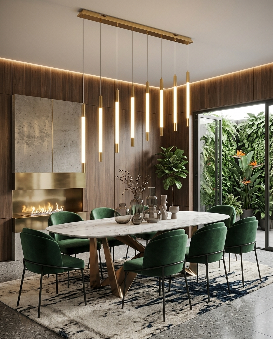Modern Minimalist 9-Light Rectangular Linear Chandelier for Dining Table – Rose Gold / Warm White (3000K, 120cm, 45W)