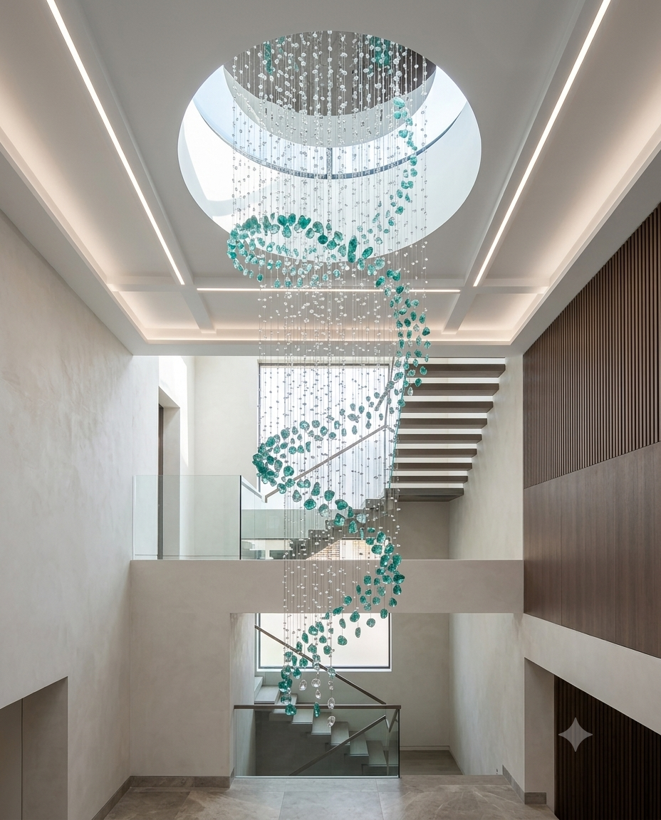3m Waterfall Spiral Crystal Chandelier – Teal Blue Gemstone Stairwell Pendant Ligh