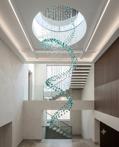 3m Waterfall Spiral Crystal Chandelier – Teal Blue Gemstone Stairwell Pendant Ligh