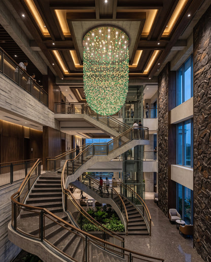 Contemporary Green & White Round U-Shaped Cascading Chandelier (100cm Canopy x 250cm Height)