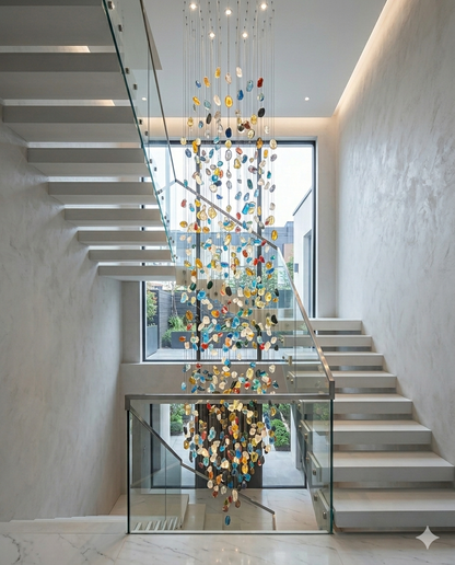 3M Luxury Multicolored Glass Stone Spiral Chandelier – 80cm Canopy for Grand Staircases & High Ceilings