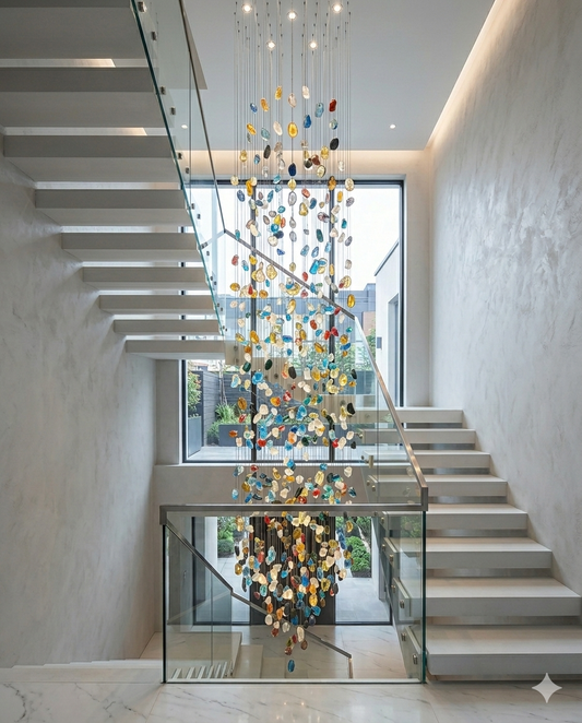 3M Luxury Multicolored Glass Stone Spiral Chandelier – 80cm Canopy for Grand Staircases & High Ceilings