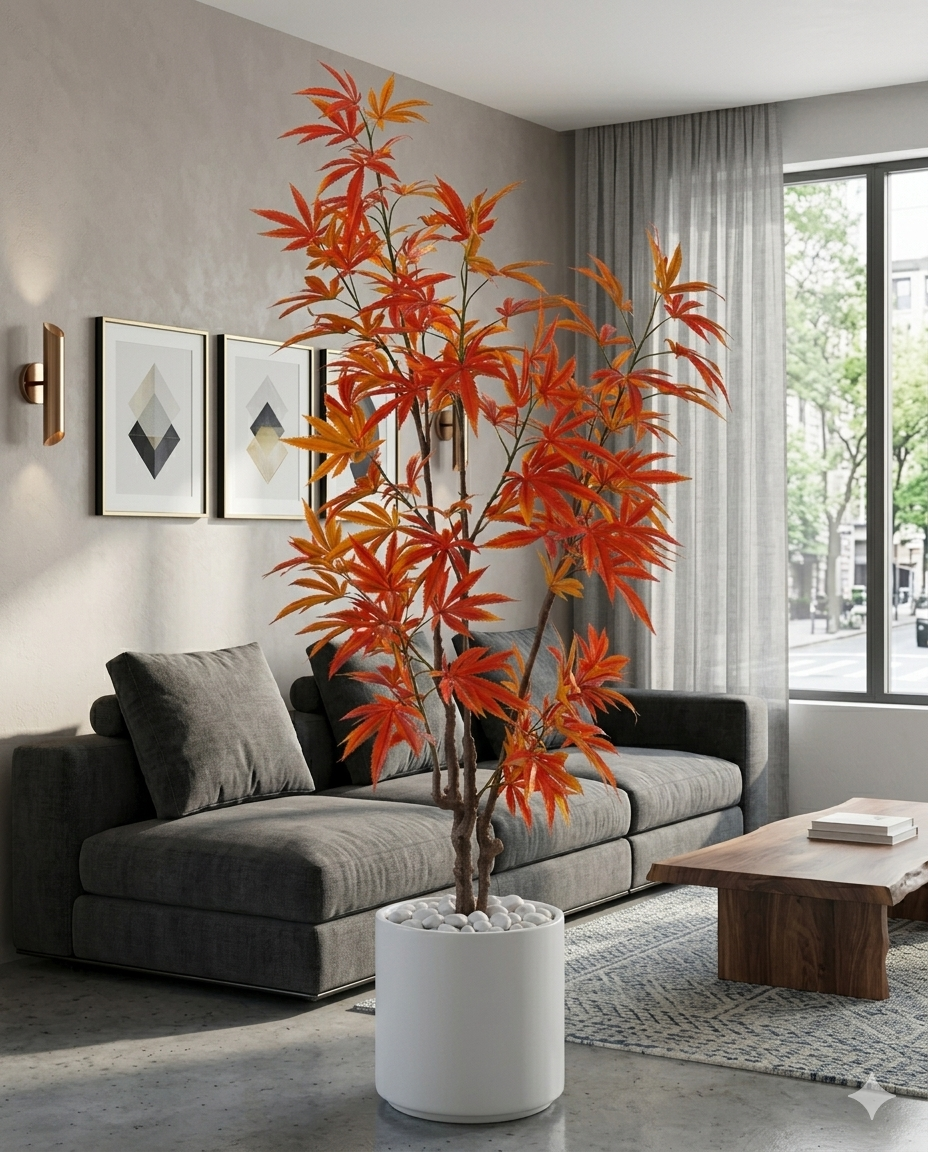 Artificial Orange Maple Tree with White Marble Pot – Modern Decorative Indoor Plant