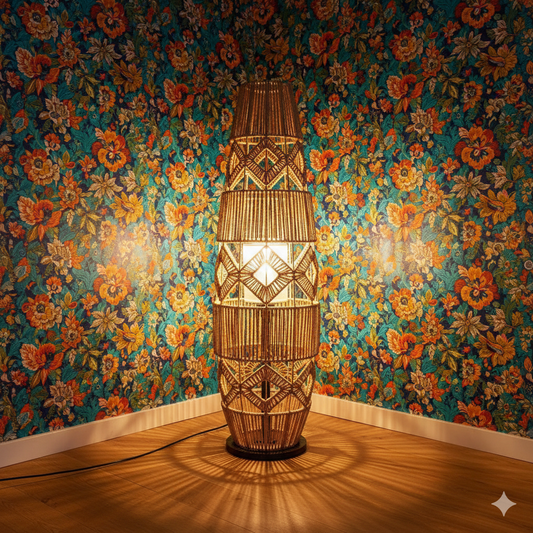 Rattan Floor Lamp – Handmade Hemp Rope Chinese Retro Standing Lamp for Living Room & Bedroom