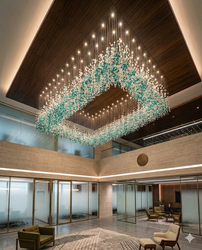 Crystal Stone Chandelier – Custom Teal Blue & White Modern Hanging Light for Staircase, Villa & Double Height Ceiling