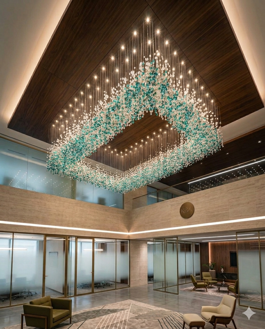 Crystal Stone Chandelier – Custom Teal Blue & White Modern Hanging Light for Staircase, Villa & Double Height Ceiling