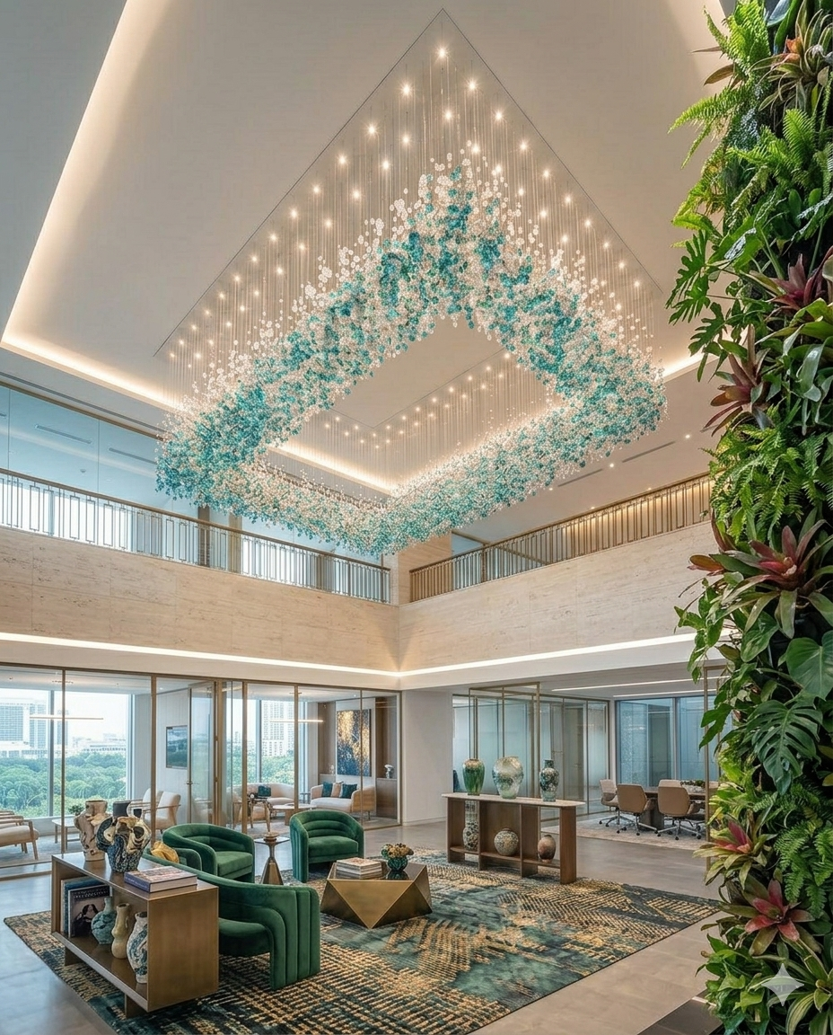 Crystal Stone Chandelier – Custom Teal Blue & White Modern Hanging Light for Staircase, Villa & Double Height Ceiling
