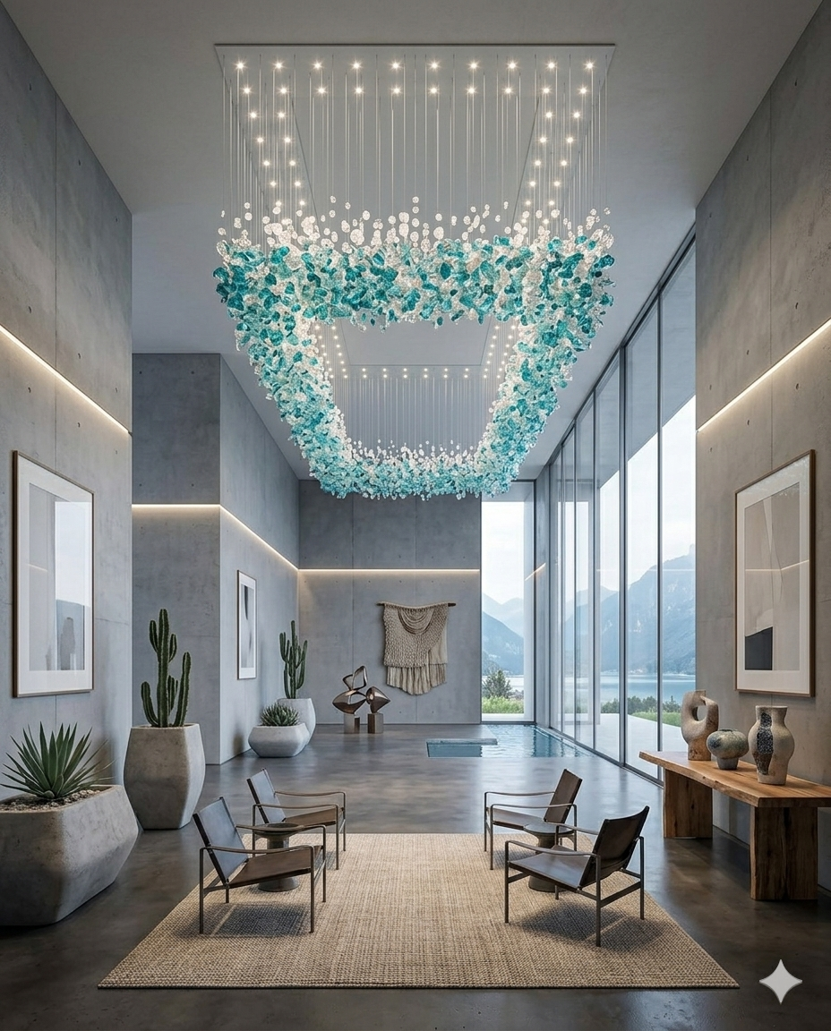 Crystal Stone Chandelier – Custom Teal Blue & White Modern Hanging Light for Staircase, Villa & Double Height Ceiling