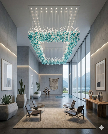 Crystal Stone Chandelier – Custom Teal Blue & White Modern Hanging Light for Staircase, Villa & Double Height Ceiling