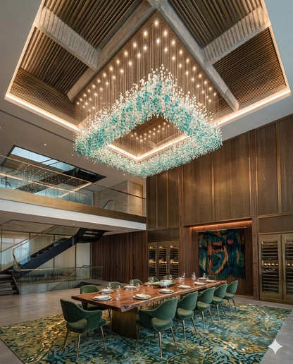 Crystal Stone Chandelier – Custom Teal Blue & White Modern Hanging Light for Staircase, Villa & Double Height Ceiling