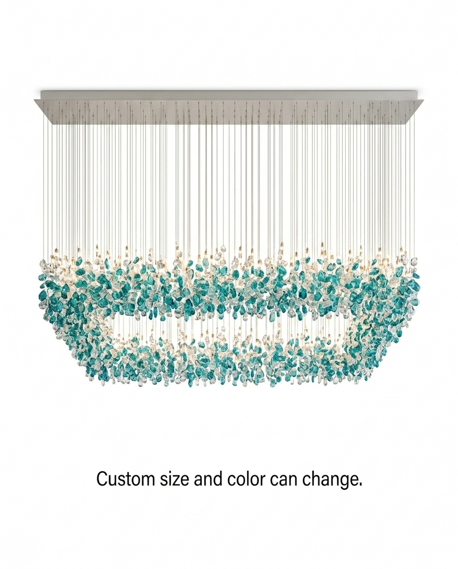 Crystal Stone Chandelier – Custom Teal Blue & White Modern Hanging Light for Staircase, Villa & Double Height Ceiling