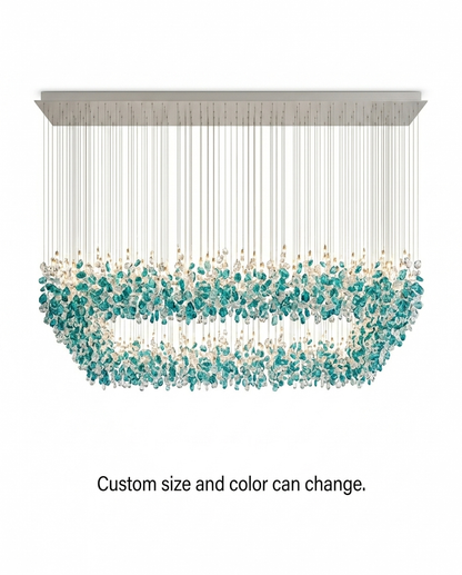 Crystal Stone Chandelier – Custom Teal Blue & White Modern Hanging Light for Staircase, Villa & Double Height Ceiling