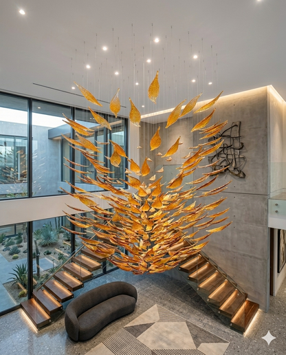 Custom 3M Modern Orange Glass Chandelier – Luxury Staircase Art Installation