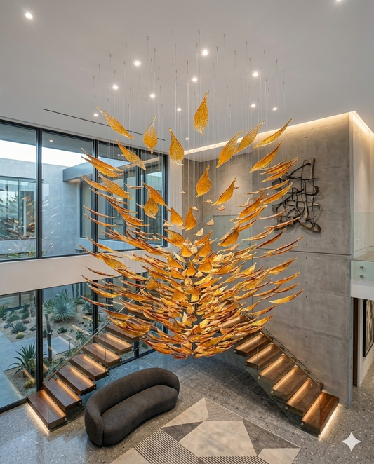 Custom 3M Modern Orange Glass Chandelier – Luxury Staircase Art Installation