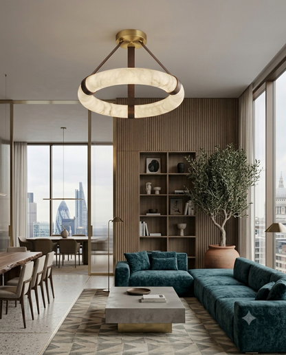 Luxury Marble Ring Chandelier with Leather Straps – Modern LED Round Pendant Light for Living Room & Dining Room