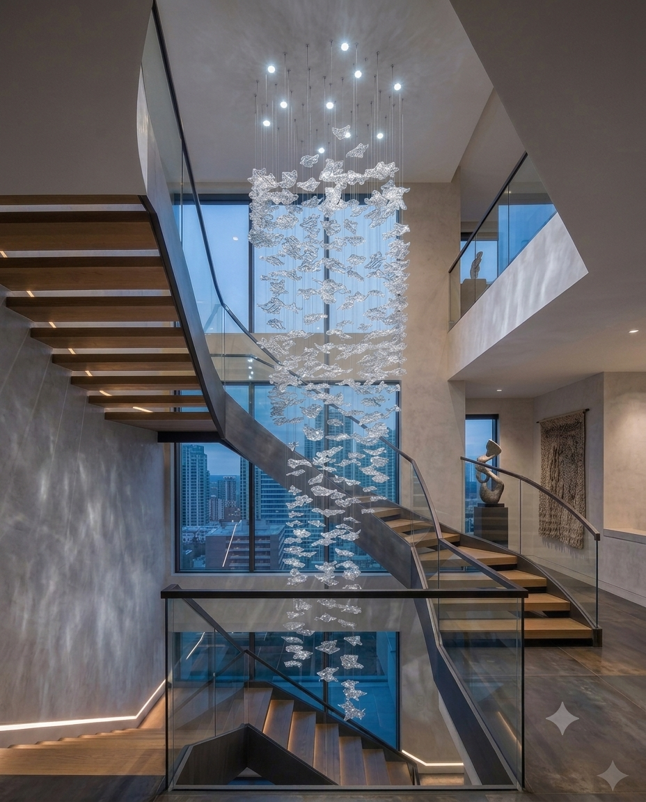 Custom 300cm Organic Glass Leaf Cascade Chandelier – Modern Atrium Lighting⁠