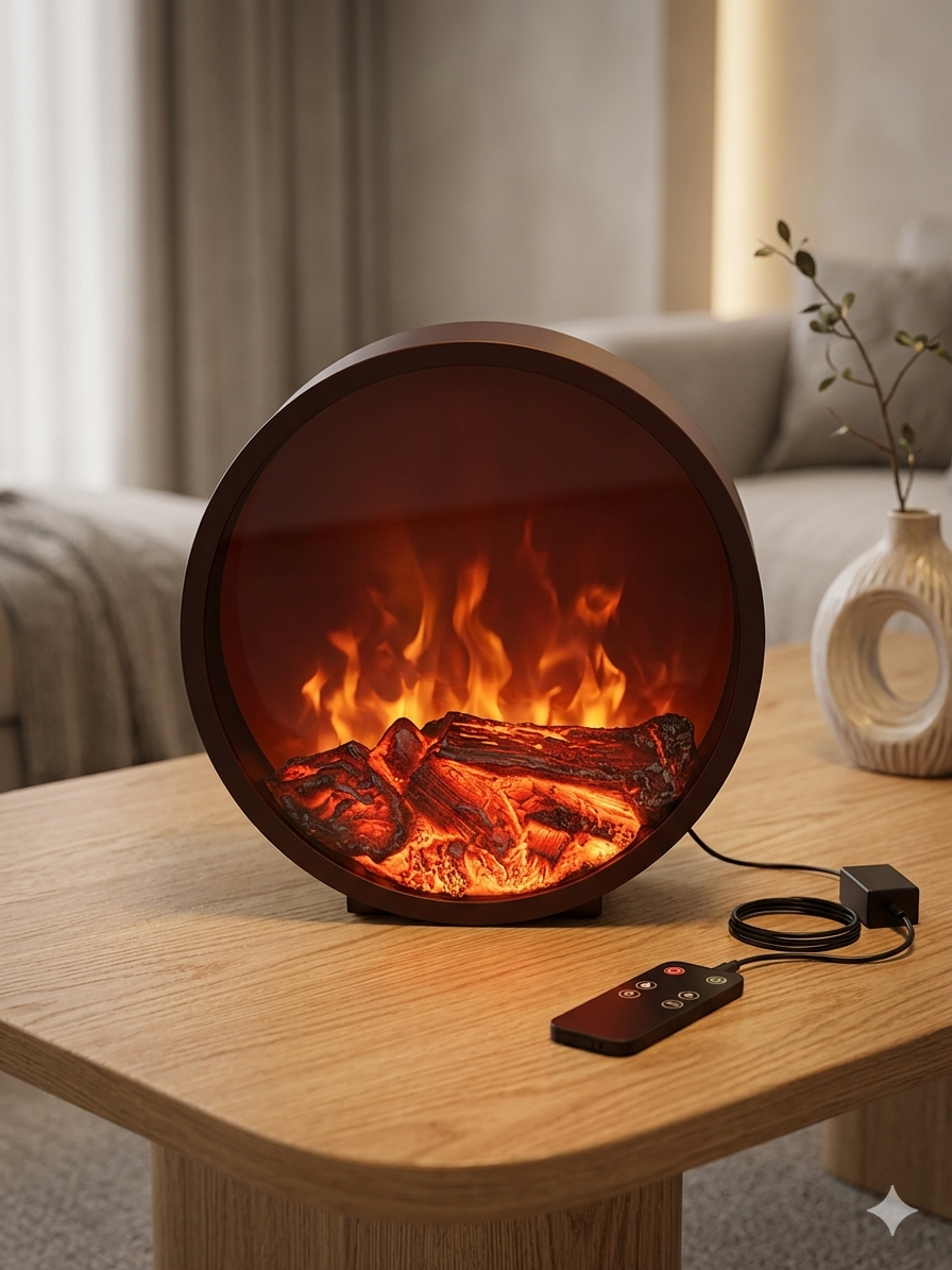 Round Electric Fireplace Heater 60×16cm – Round Freestanding LED Flame u with Adjustable Thermostat