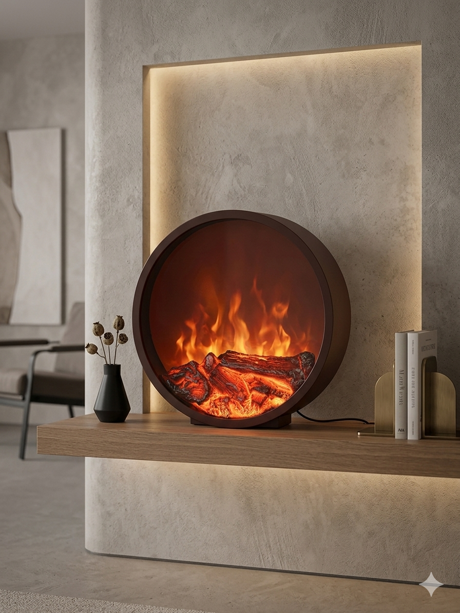Round Electric Fireplace Heater 60×16cm – Round Freestanding LED Flame u with Adjustable Thermostat