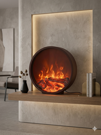 Round Electric Fireplace Heater 60×16cm – Round Freestanding LED Flame u with Adjustable Thermostat