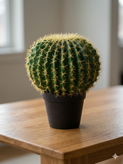 Realistic Artificial Golden Barrel Cactus In Modern Black Pot