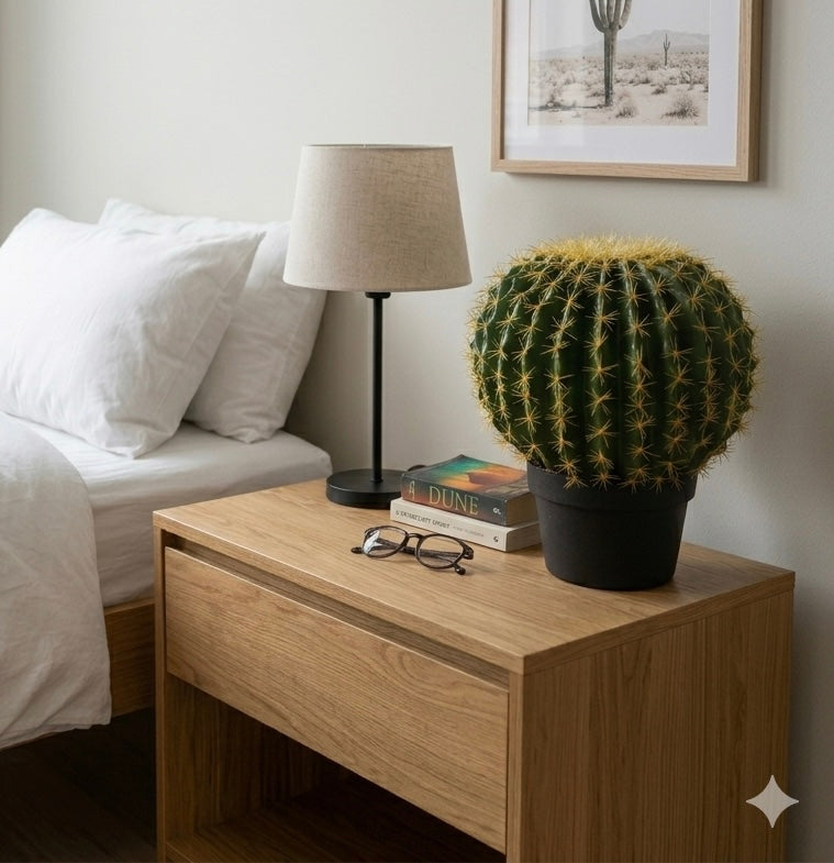 Realistic Artificial Golden Barrel Cactus In Modern Black Pot