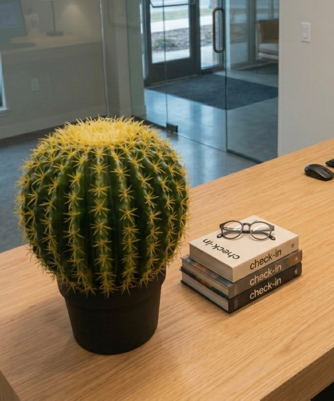 Realistic Artificial Golden Barrel Cactus In Modern Black Pot