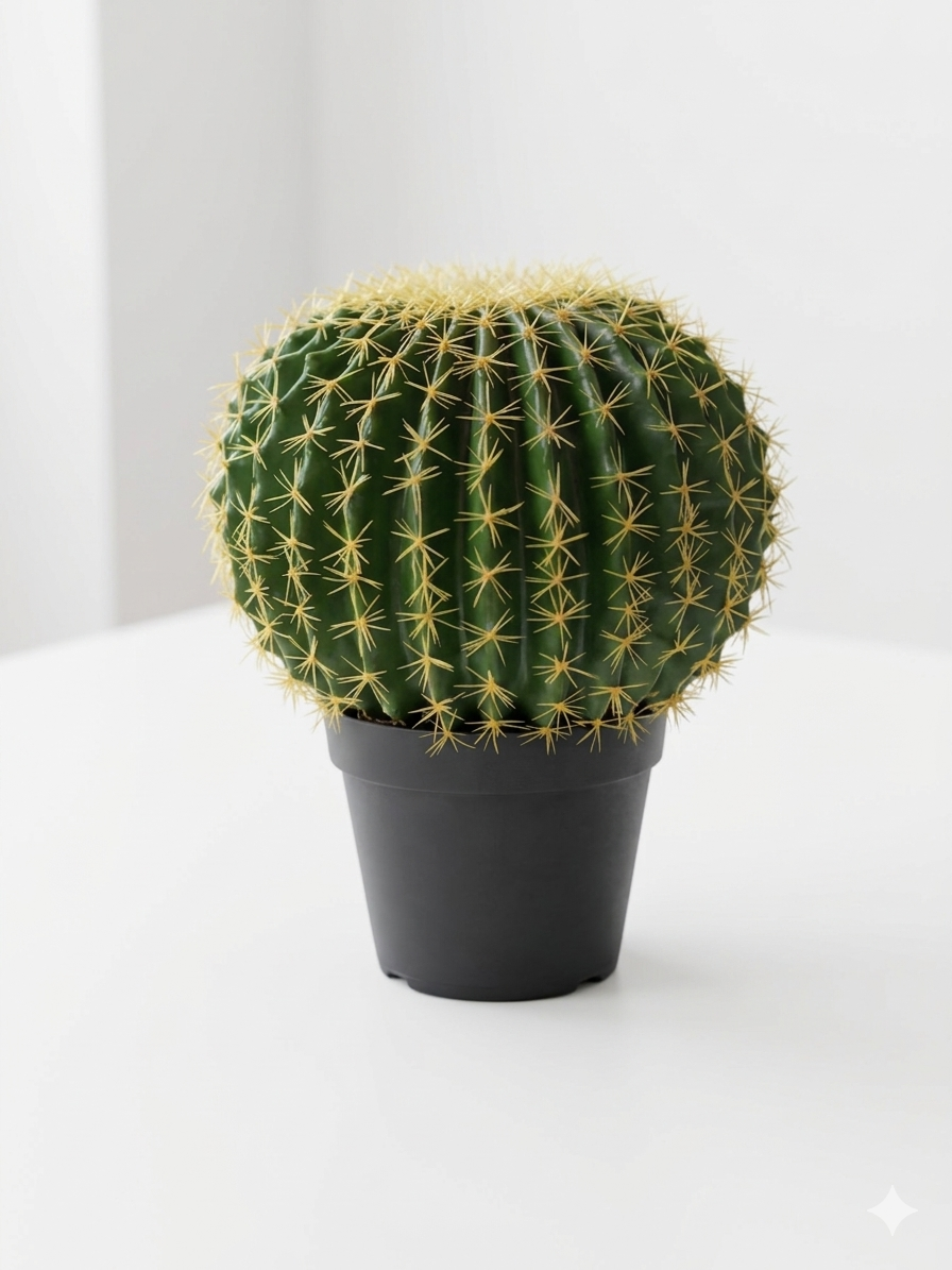 Realistic Artificial Golden Barrel Cactus In Modern Black Pot