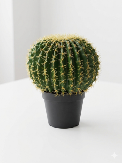 Realistic Artificial Golden Barrel Cactus In Modern Black Pot