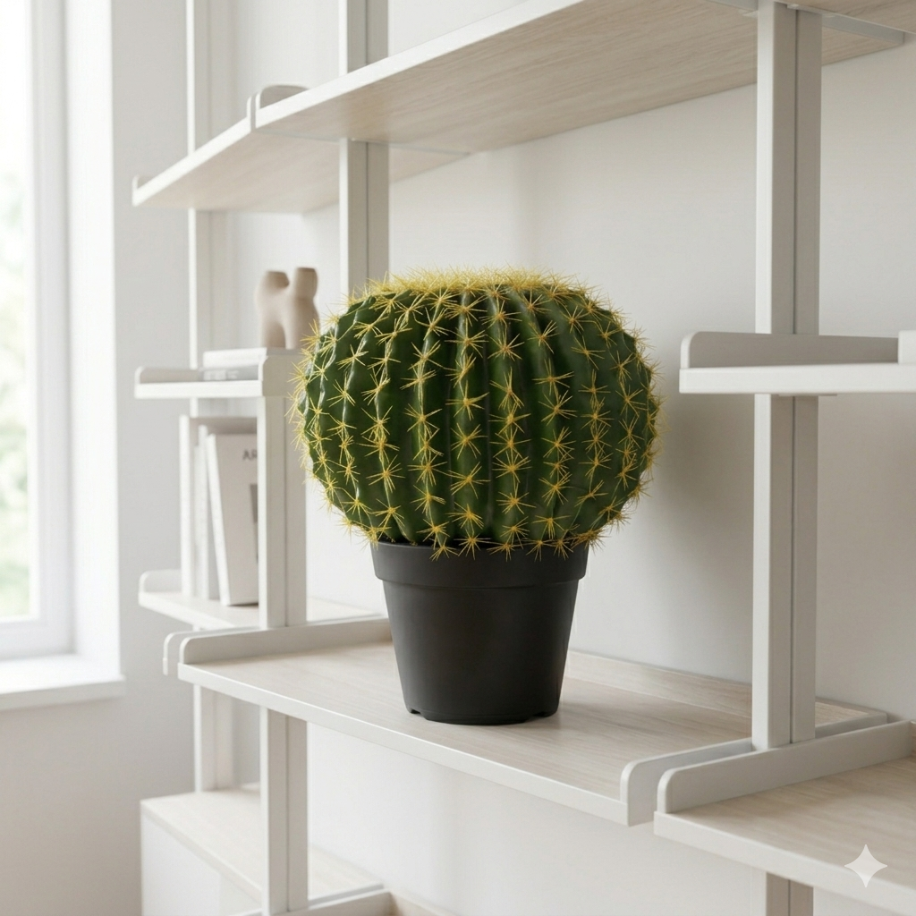 Realistic Artificial Golden Barrel Cactus In Modern Black Pot