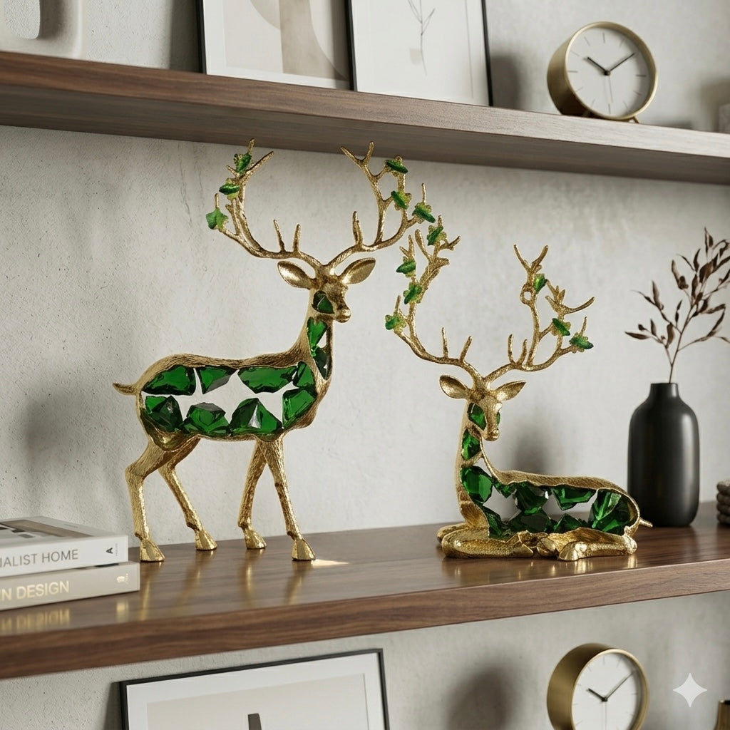 Modern Gold Brass Deer Sculptures with Emerald Green Glass Crystals – Set of 2
