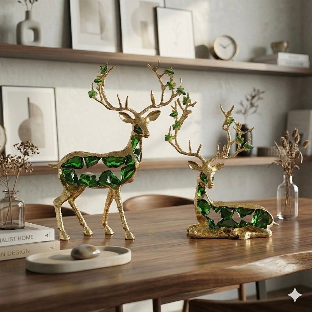 Modern Gold Brass Deer Sculptures with Emerald Green Glass Crystals – Set of 2