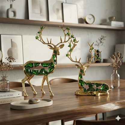 Modern Gold Brass Deer Sculptures with Emerald Green Glass Crystals – Set of 2