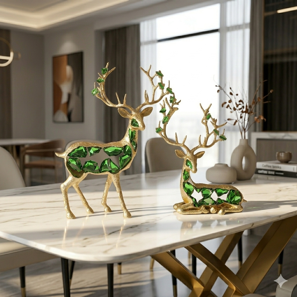 Modern Gold Brass Deer Sculptures with Emerald Green Glass Crystals – Set of 2