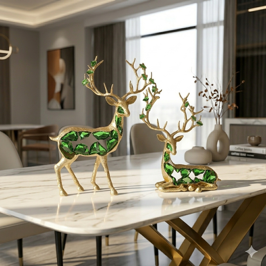 Modern Gold Brass Deer Sculptures with Emerald Green Glass Crystals – Set of 2