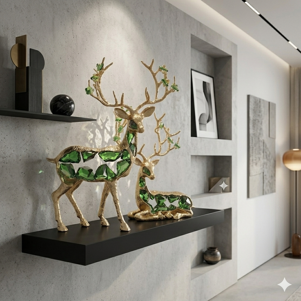 Modern Gold Brass Deer Sculptures with Emerald Green Glass Crystals – Set of 2