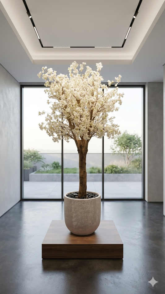 Modern Artificial White Blossom Faux Tree in Textured Planter and Wood Base (160 cm Tall)