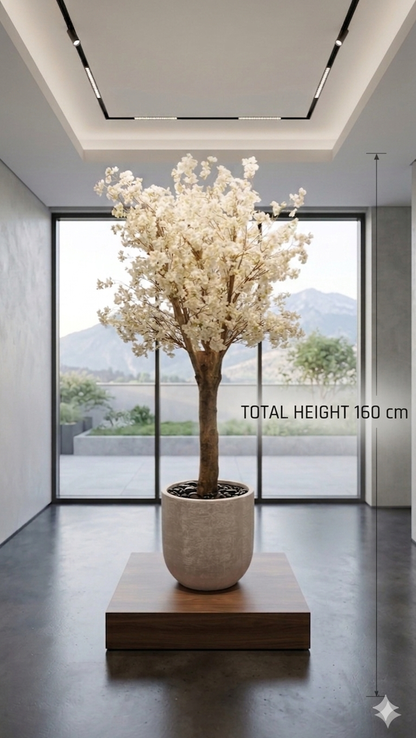 Modern Artificial White Blossom Faux Tree in Textured Planter and Wood Base (160 cm Tall)