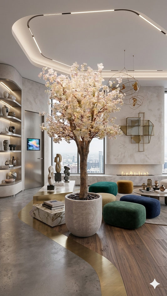 Modern Artificial White Blossom Faux Tree in Textured Planter and Wood Base (160 cm Tall)