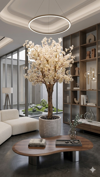 Modern Artificial White Blossom Faux Tree in Textured Planter and Wood Base (160 cm Tall)