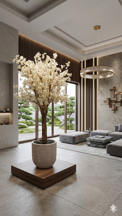 Modern Artificial White Blossom Faux Tree in Textured Planter and Wood Base (160 cm Tall)