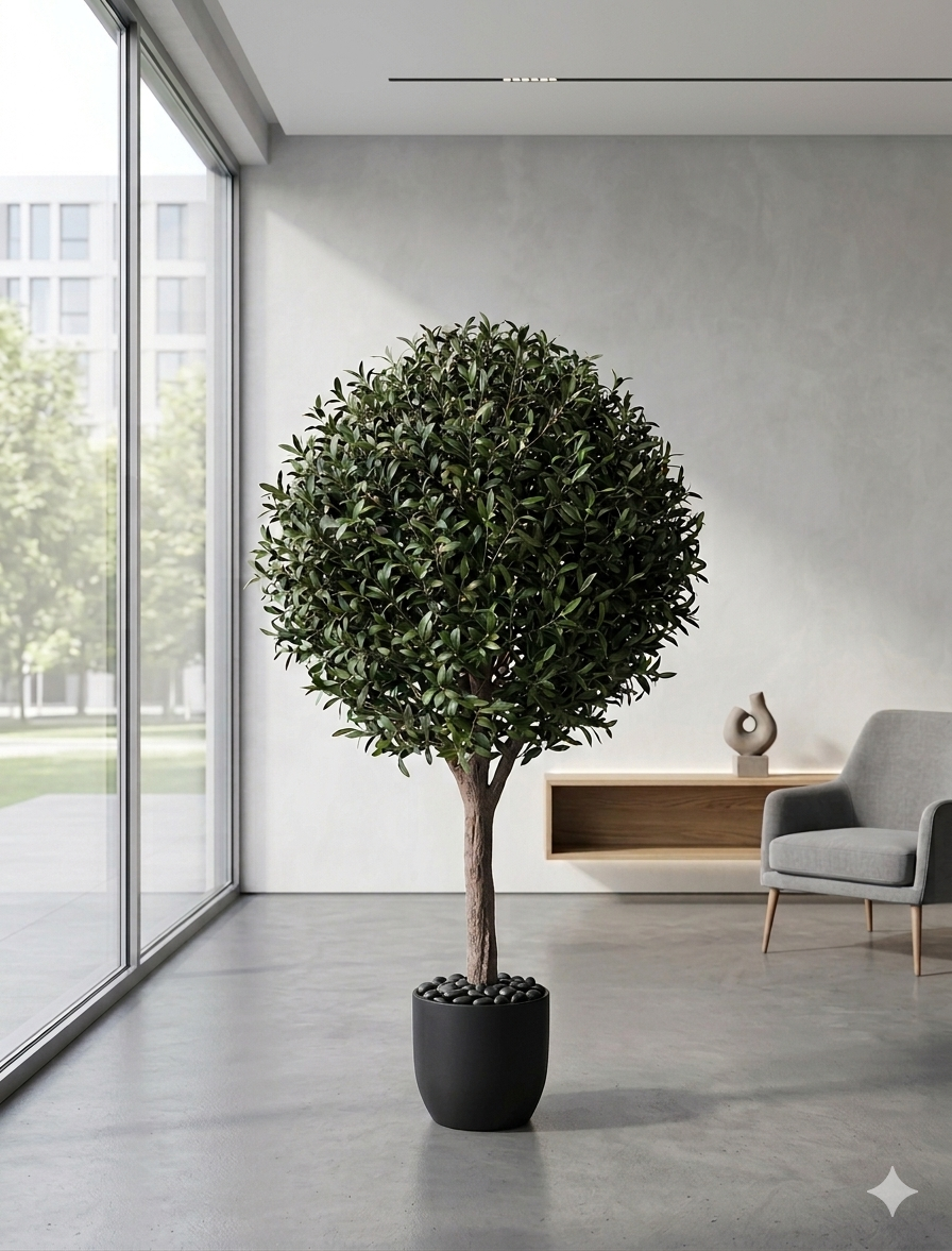 Large Artificial Spherical Olive Topiary Tree with Real Wood Trunk and Faux Fruit