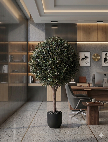Large Artificial Spherical Olive Topiary Tree with Real Wood Trunk and Faux Fruit