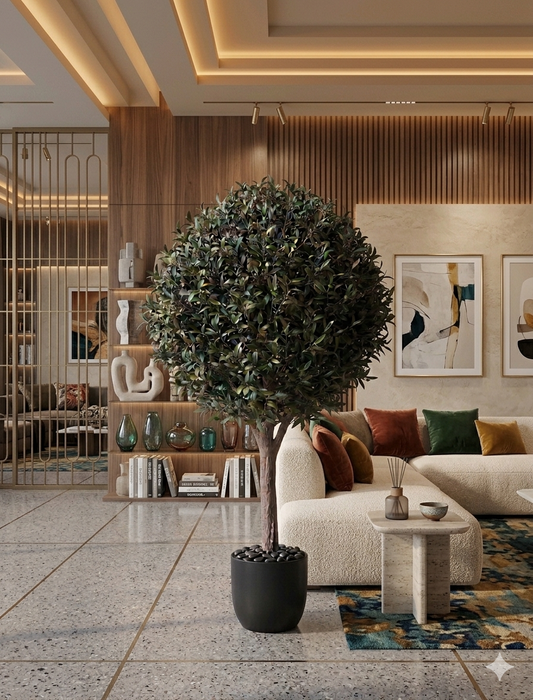 Large Artificial Spherical Olive Topiary Tree with Real Wood Trunk and Faux Fruit