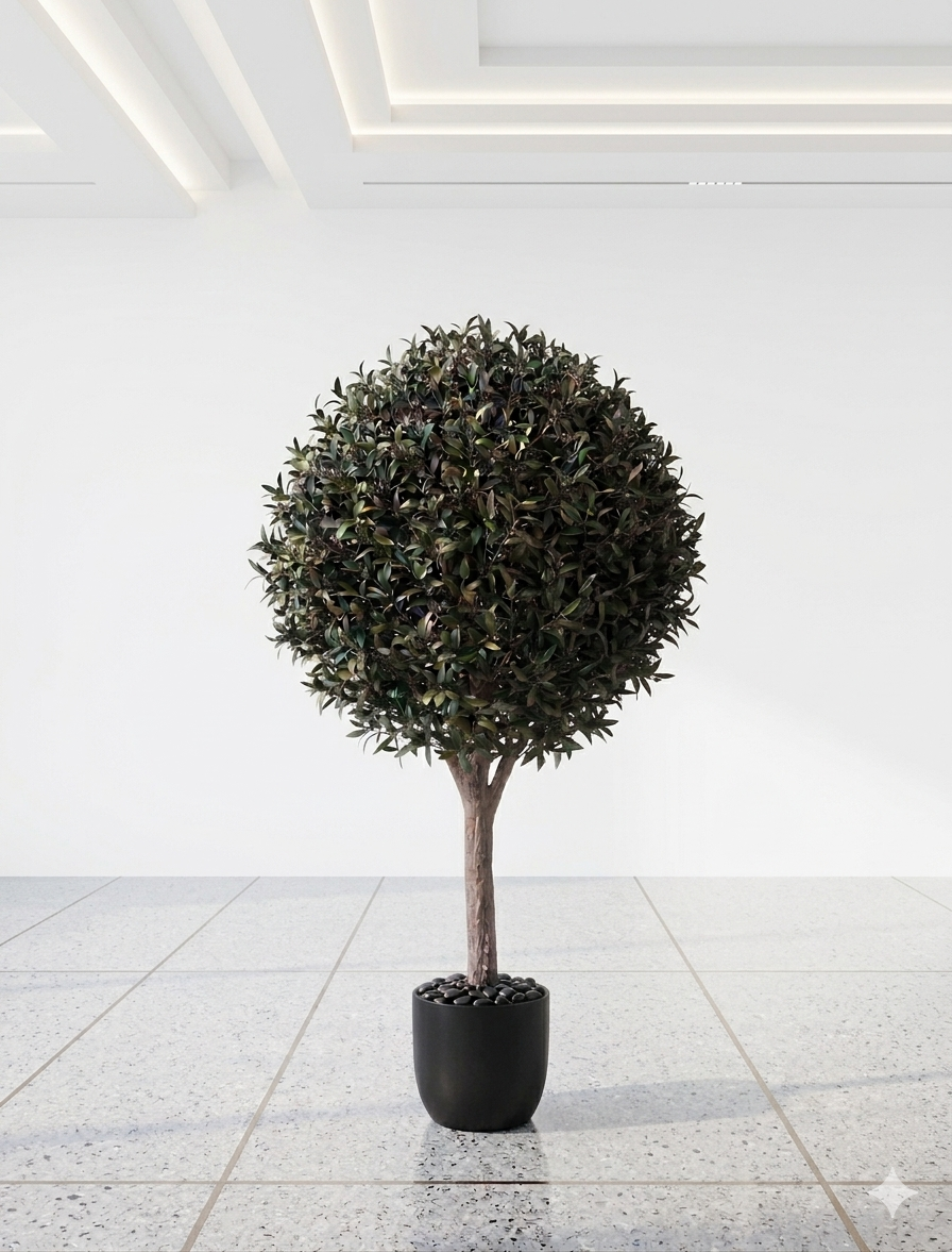 Large Artificial Spherical Olive Topiary Tree with Real Wood Trunk and Faux Fruit