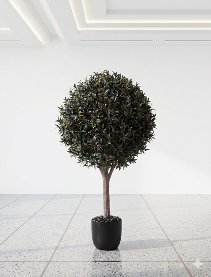 Large Artificial Spherical Olive Topiary Tree with Real Wood Trunk and Faux Fruit