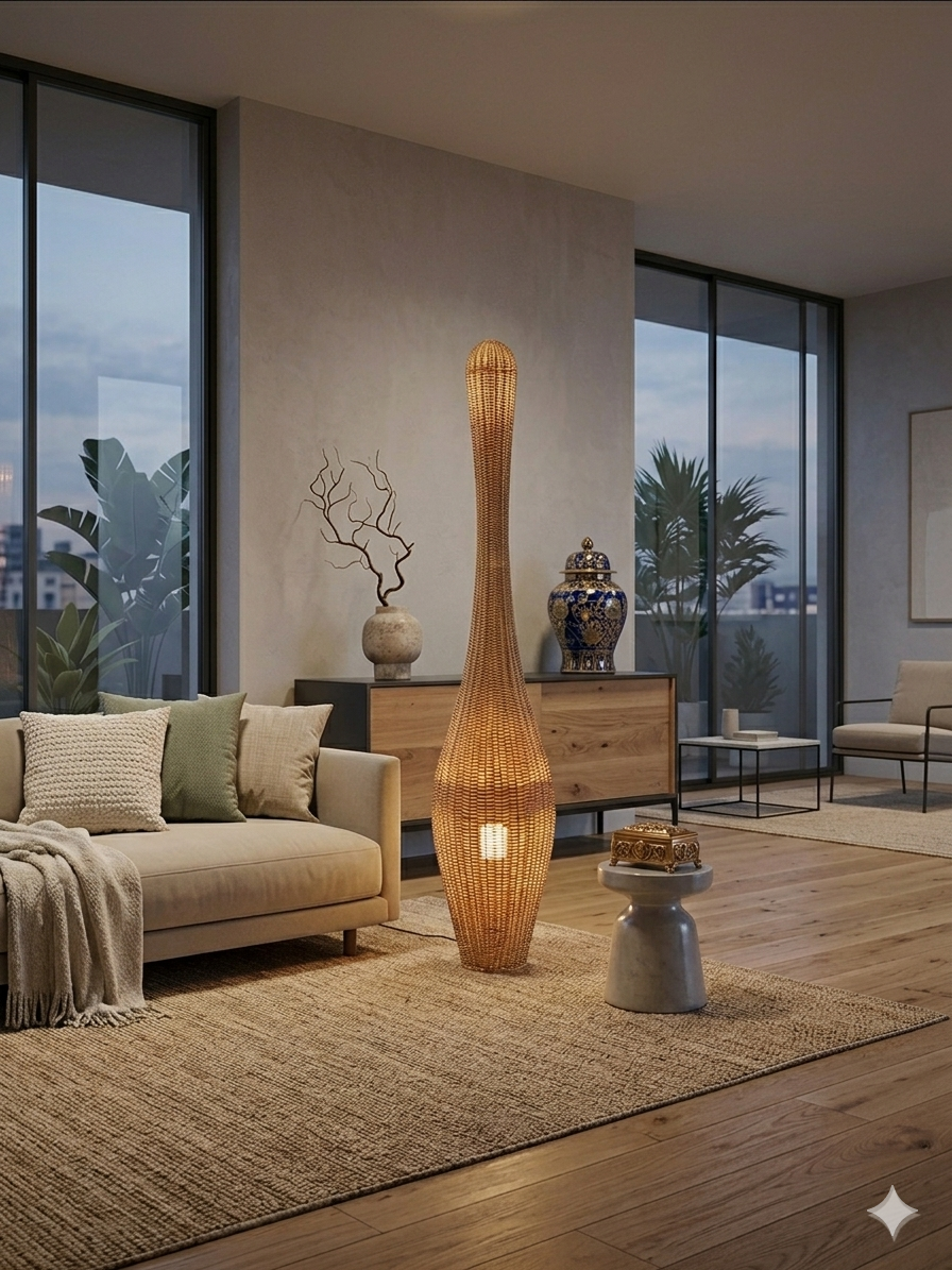 Sculptural Woven Bamboo Lamps in Natural & Dark Walnut